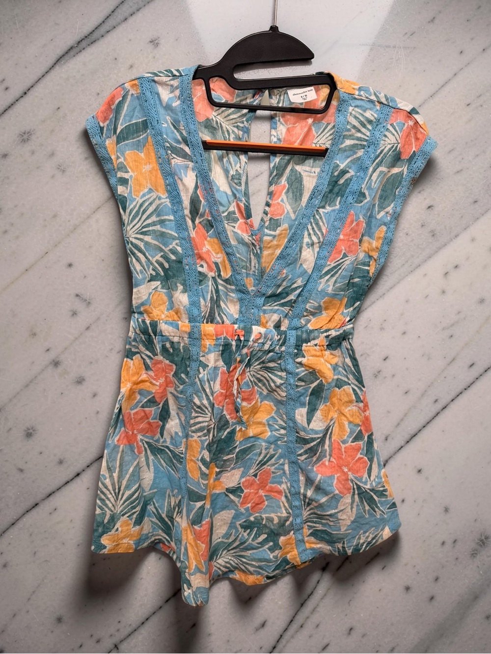Abercrombie Kids Tropical Floral Dress Lace Trim Blue Yellow Orange Girls Med - Picture 1 of 5